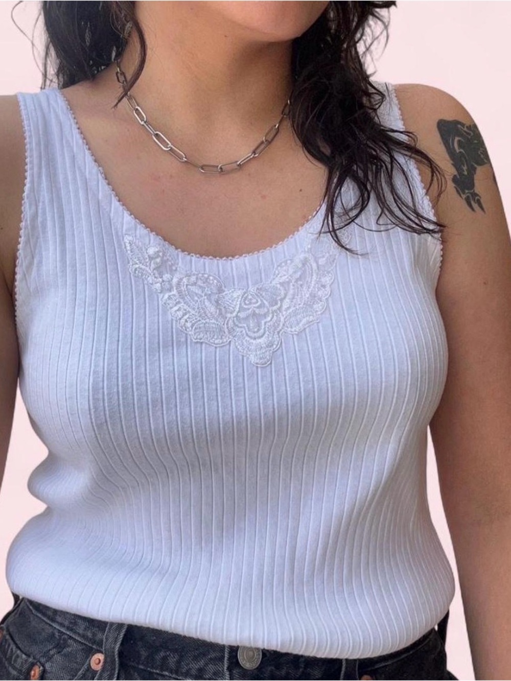 White Ribbed Lace-Trim Tank Top - Women